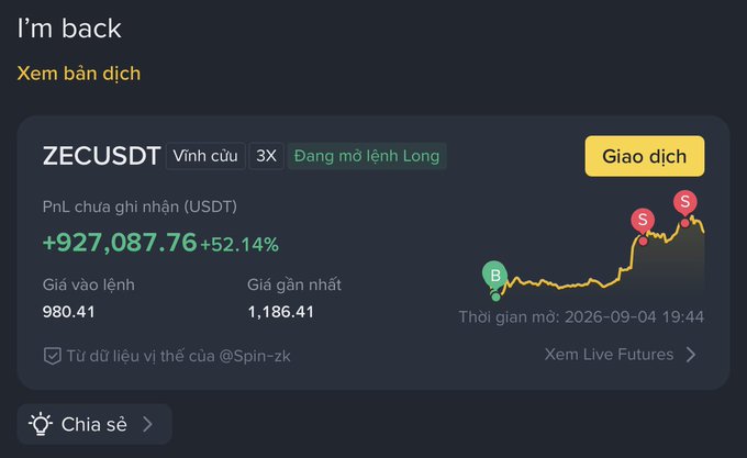 A trading screenshot shows a profitable ZECUSDT 3x long position opened at 980.41, currently up **+927,087.76 USDT (+52.14%)** with the latest price at 1,186.41, featuring an entry (E) and two sell (S) markers on the chart. The caption "I'm back" reflects the trader celebrating their successful return to profitability on ZEC.