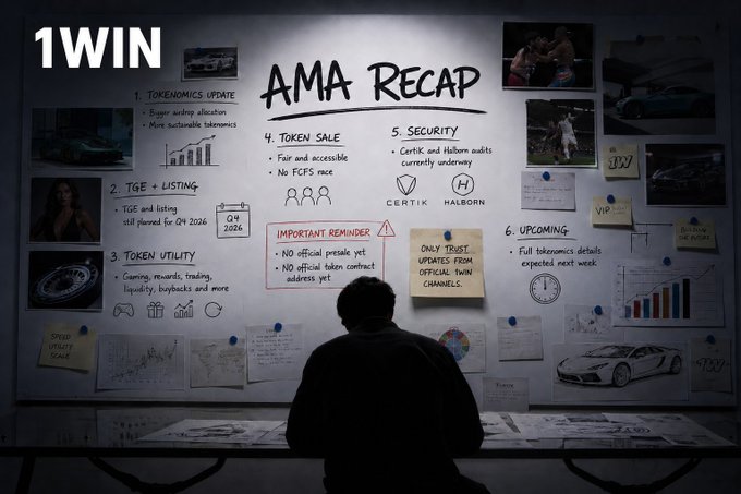 A dark scene of a person looking at an 'AMA RECAP' board detailing 1WIN updates on tokenomics, TGE listing, token utility, token sale, security, and upcoming events.