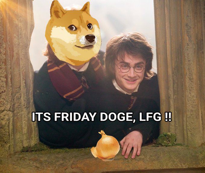 A Harry Potter meme featuring a Doge filter over one character's head with the text 'ITS FRIDAY DOGE, LFG !!' and an onion edited into the scene.