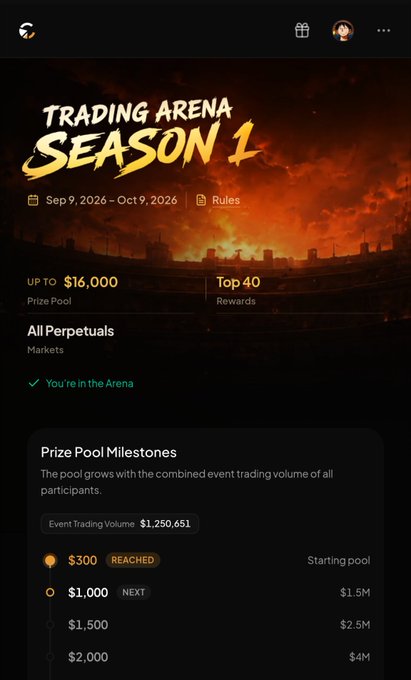 A mobile app interface displaying 'TRADING ARENA SEASON 1' running from Sep 9, 2026 to Oct 9, 2026, featuring a $16,000 prize pool, Top 40 rewards, and prize pool milestones based on event trading volume.