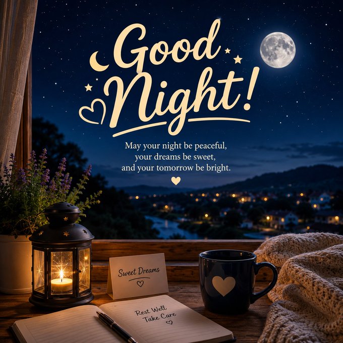 A cozy 'Good Night!' greeting card scene featuring a moonlit sky, a lit lantern, a coffee mug with a heart, a knit blanket, and a note reading 'Sweet Dreams - Rest Well, Take Care'.