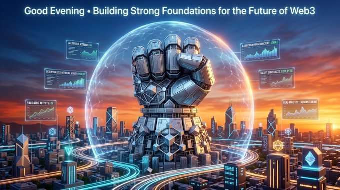 A futuristic cityscape at sunset titled 'Good Evening • Building Strong Foundations for the Future of Web3' features a giant metallic fist inside a protective dome with surrounding data panels.