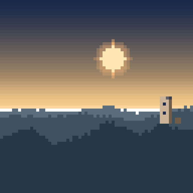 The image features a digital art piece of a sunset over mountains, with a lighthouse visible in the distance. The sun appears to be setting behind the mountains, casting a warm glow across the scene. The lighthouse stands out against the dark sky as an island amidst the vast ocean. The image is accompanied by a caption that reads: "2000 NFTs Coming soon on @ethereum Are you ready?".