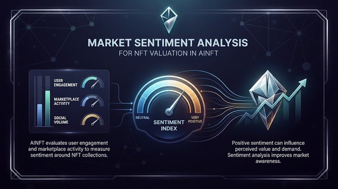 An AINFT 'MARKET SENTIMENT ANALYSIS FOR NFT VALUATION' graphic featuring a sentiment index gauge from neutral to very positive, analyzing user engagement, marketplace activity, and social volume.