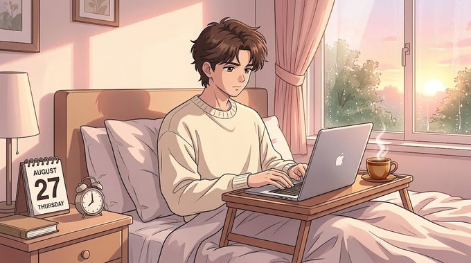 An anime-style illustration of a young man with brown hair sitting on a bed, working on a laptop with a coffee mug nearby, while a calendar showing 'AUGUST 27 THURSDAY' sits on the nightstand.