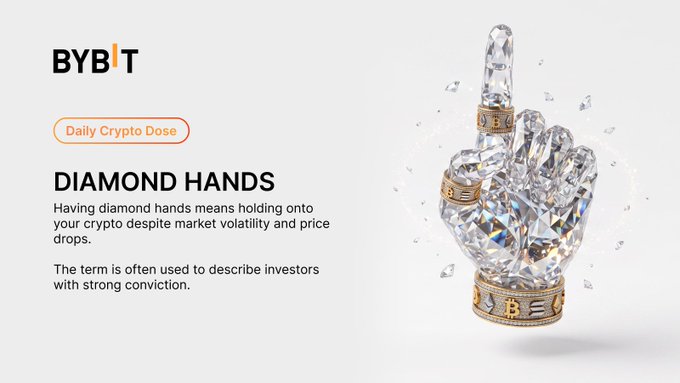 The image is a Bybit "Daily Crypto Dose" graphic defining the term "Diamond Hands" as the practice of holding onto crypto despite market volatility and price drops, commonly used to describe investors with strong conviction. It directly answers the quiz question, as a person who refuses to sell during a market crash is said to have "Diamond Hands" (Answer A). The visual features a sparkling crystal hand wearing a Bybit-branded ring, symbolizing the resilience and unbreakable nature associated with this trading mindset.