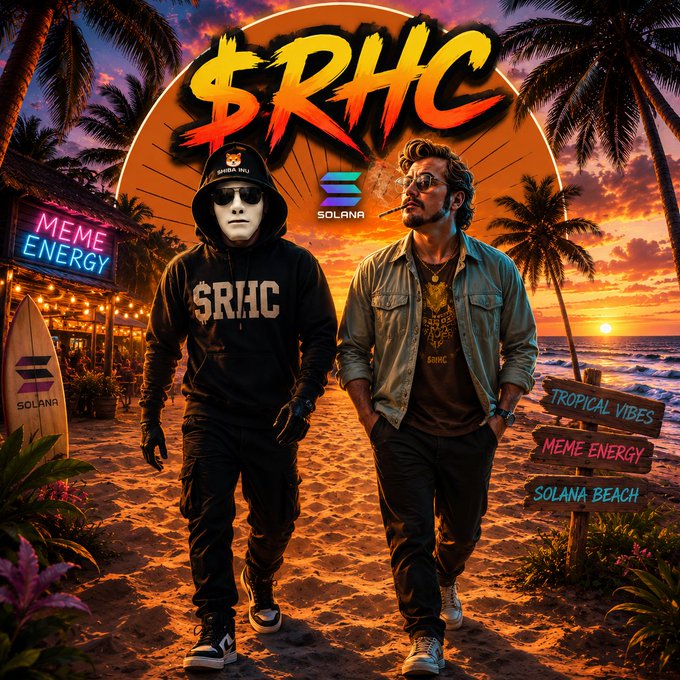 Two figures stroll along a tropical Solana beach at sunset, one in a "$RHC" hoodie beside a "MEME ENERGY" neon sign, embodying the chill, lore-driven Solana cult vibe referenced in the post about chasing early memecoin charts before they moon.