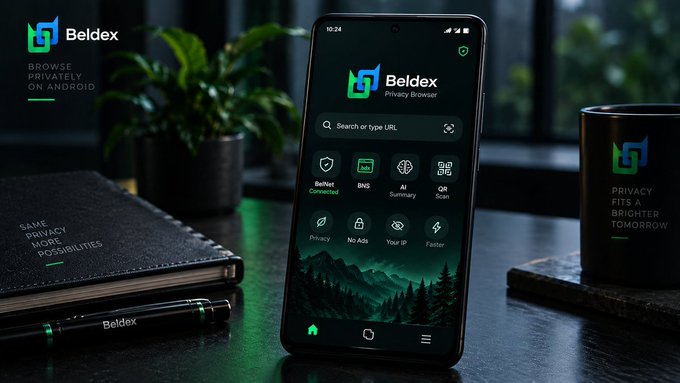 A promotional image for 'Beldex Privacy Browser' shows a smartphone displaying the app interface alongside a branded notebook, pen, and mug on a desk.