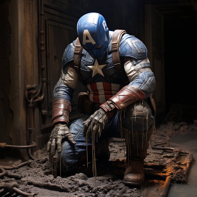 A dramatic, gritty depiction of Captain America kneeling in a damaged, debris-filled industrial setting, his suit worn and stained, conveying a somber and exhausted mood.