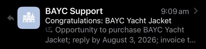 An iMessage notification from 'BAYC Support' congratulating the user on an opportunity to purchase a 'BAYC Yacht Jacket' with a reply deadline of August 3, 2026.