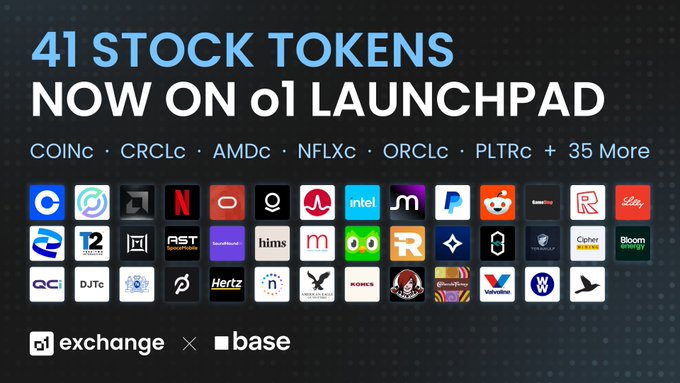 A promotional graphic for o1 Exchange's Launchpad announces "41 STOCK TOKENS NOW ON o1 LAUNCHPAD," highlighting tickers like COINc, CRCLc, AMDc, NFLXc, ORCLc, and PLTRc alongside a gallery of corporate logos including Intel, PayPal, Robinhood, Hims & Hers, Rocket, Valvoline, and Bloomberg Energy. The image visually represents the post's message of turning Wall Street stocks into a "fan club" for retail traders, with the o1 exchange × Base branding displayed at the bottom.