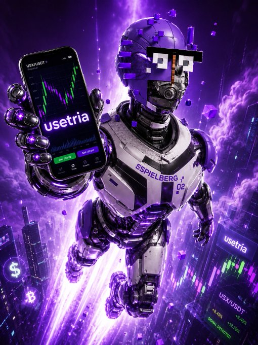 Futuristic purple digital art of a robot wearing pixelated sunglasses holding a smartphone displaying 'usetria' trading charts for USX/USDT.