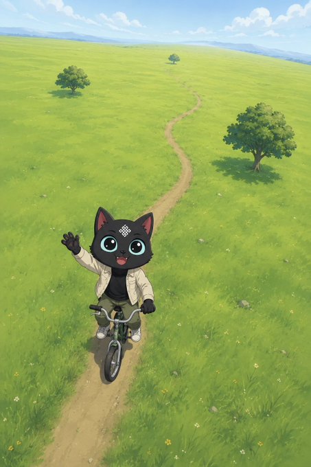An adorable black cat character wearing a beige jacket rides a bicycle down a winding dirt path through a vast, bright green meadow under a blue sky. The scene likely symbolizes the journey ahead for AI agents—Ritual's vision of autonomous systems navigating forward on their own path toward useful, goal-oriented interaction.