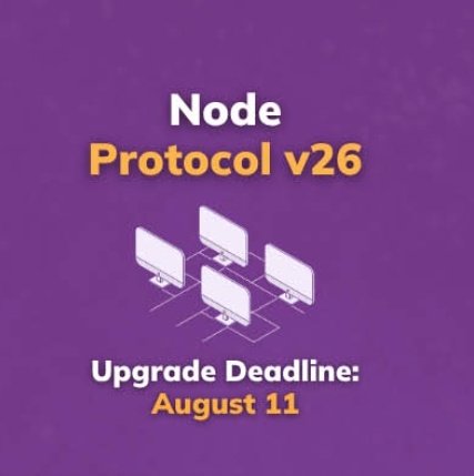 The image is a purple graphic announcing "Node Protocol v26" with an illustration of networked computer monitors, alongside the text "Upgrade Deadline: August 11." It visually reinforces the post's message about Pi Network's mandatory Mainnet node upgrade deadline.