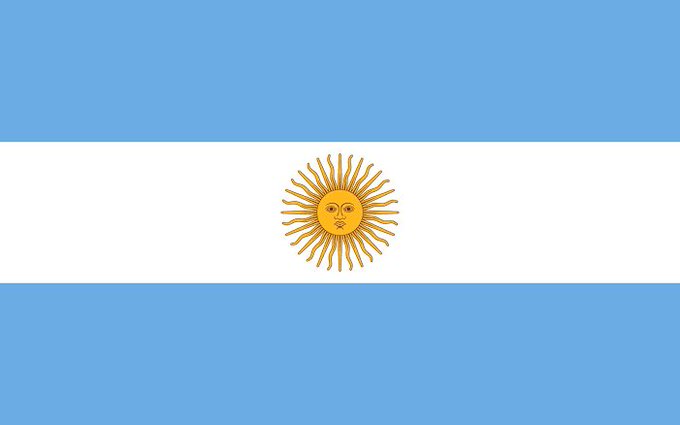 The flag of Argentina, featuring three horizontal bands of light blue and white with a golden Sun of May in the center.