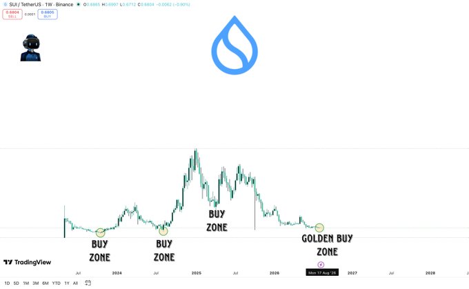 A TradingView candlestick chart for the SUI/TetherUS pair on Binance shows price action from 2024 to 2028, with several points marked as 'BUY ZONE' and a circled area labeled 'GOLDEN BUY ZONE' near August 2026.