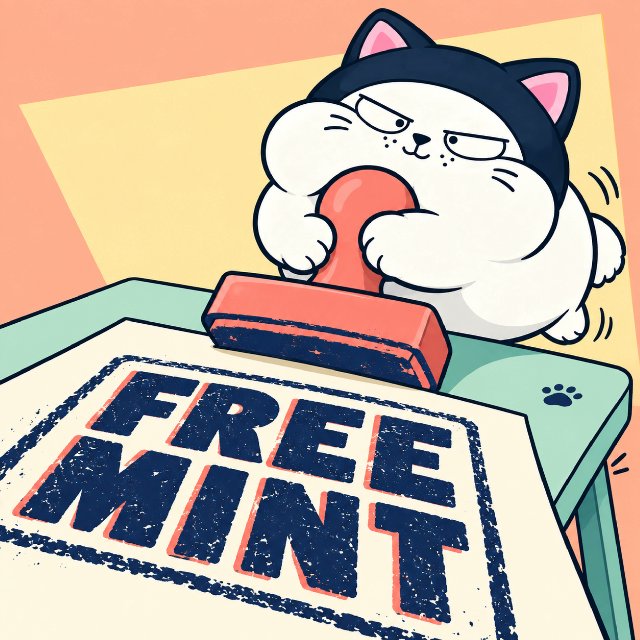 A grumpy cartoon cat wearing a beanie aggressively stamps "FREE MINT" in bold blue letters, symbolizing the final approval and commitment to the mint process after filtering out bots.