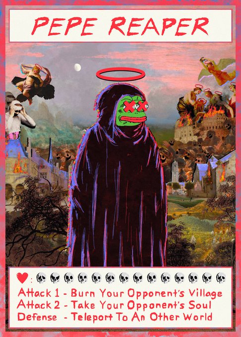 A trading card titled "PEPE REAPER" featuring the Pepe character as a dark hooded figure with a red halo, set against a classical painting-style background of angels, demons, and burning cities, with stats showing 18 skulls and attacks "Burn Your Opponent's Village," "Take Your Opponent's Soul," and "Teleport To An Other World."
