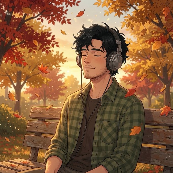 The image features a man sitting on a bench with headphones on, listening to music or possibly an audiobook. The scene takes place outdoors during autumn, as evidenced by the falling leaves around him. There are also some birds visible in the background, adding to the natural ambiance of the setting.