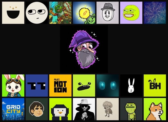 A grid display of various NFT avatars and profile pictures including pixel art characters, a wizard with a purple hat, Pepe the Frog variants, and characters from projects like 'PRGI MOTION' and 'GRID CITY'.