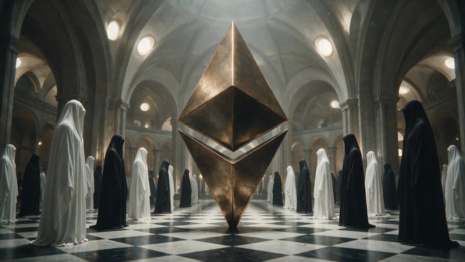 The Ethereum logo stands as a monumental symbol in a grand hall, surrounded by robed figures representing the diverse and devoted community of the cryptocurrency. The ethereal architecture and gathering emphasize Ethereum's significance and the collective faith in its decentralized future.