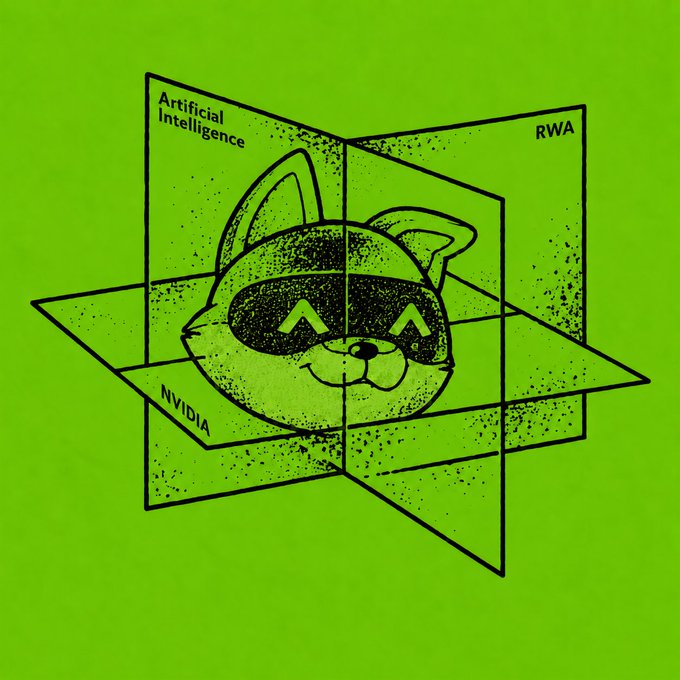 A stylized illustration of a cartoon fox (likely the MetaMask fox logo) wearing a VR-style headset sits at the intersection of intersecting planes labeled "Artificial Intelligence," "RWA," and "NVIDIA" against a bright green background, visually representing how the $AI token combines these three converging trends.