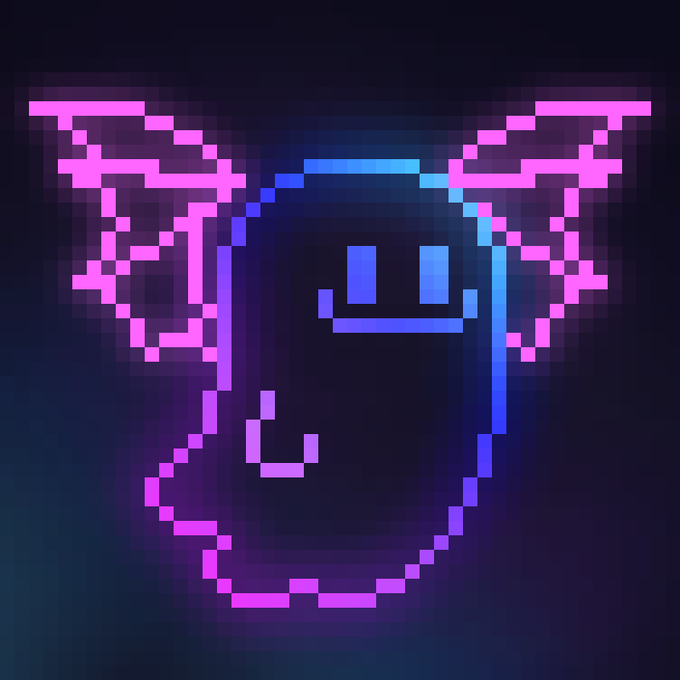 Pixel art depicts a smiling face with spiky purple hair, a single blue eye, and a crescent moon mark on its cheek against a dark blue background.
