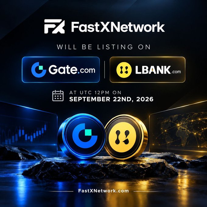 A promotional graphic announcing that 'FastXNetwork' will be listing on Gate.com and LBANK.com at UTC 12PM on September 22nd, 2026, featuring stylized coin designs.