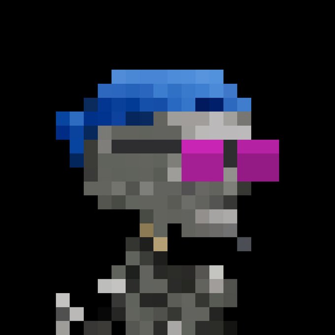 A pixel art portrait of a character with blue hair wearing magenta sunglasses against a black background.