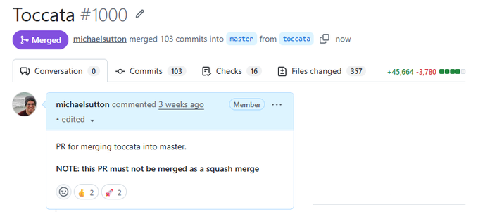 The image contains a screenshot of a computer chat window where multiple conversations are happening with the name 'Michael Button' being referred, along with other words like 'master', 'changes', 'conversation', and 'editor'. The conversation seems to be about merging data or sharing information. The post also includes a note stating that it is ready for editing as a squash must merge into this one.