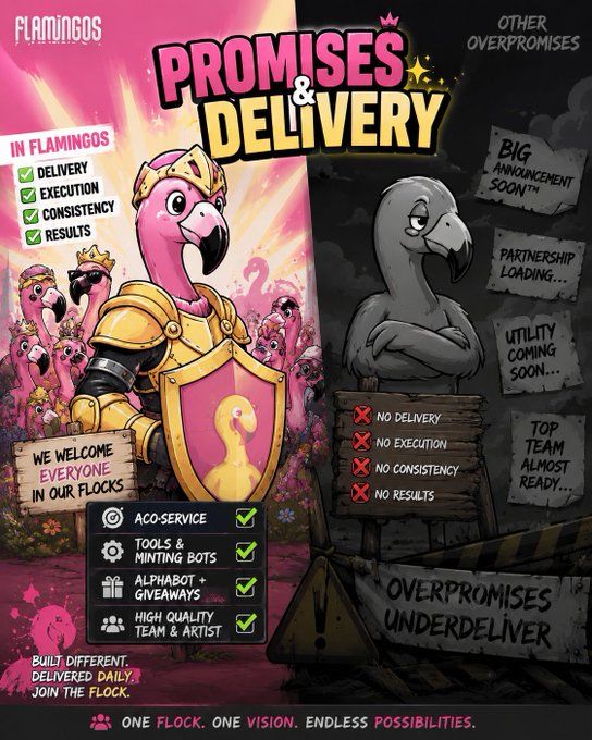 Promotional poster for "Flamingos Promises & Delivery" NFT project, contrasting their "IN FLAMINGOS" delivery, execution, consistency, and results versus "OTHER OVERPROMISES" with tags like "BIG ANNOUNCEMENT SOON" and "OVERPROMISES UNDERDELIVER."