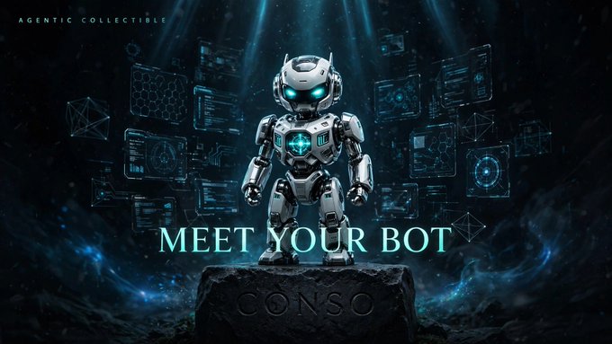 A promotional graphic features a futuristic robot standing on a stone pedestal with 'CONSO' inscribed, surrounded by floating digital screens and the text 'AGENTIC COLLECTIBLE' and 'MEET YOUR BOT'.