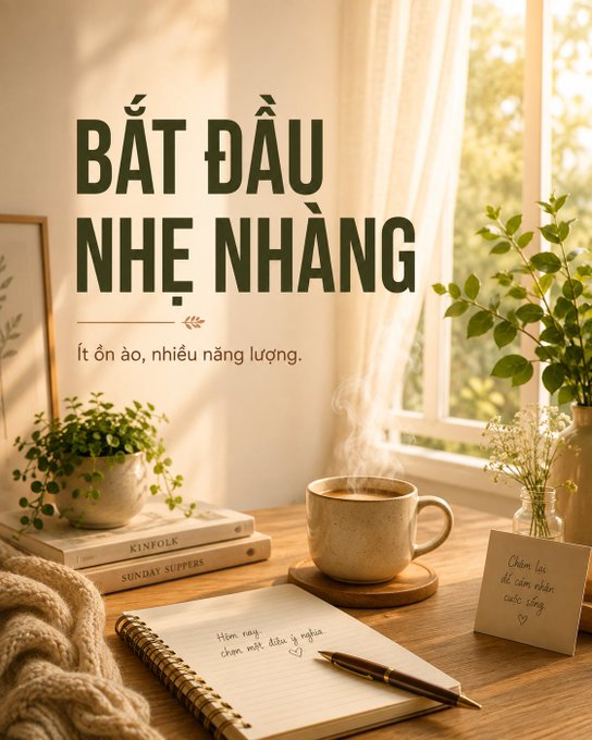 A cozy morning scene with Vietnamese text "BẮT ĐẦU NHẸ NHÀNG" (Start gently), featuring a steaming cup of coffee, a notebook, plants, and books on a sunlit wooden table.