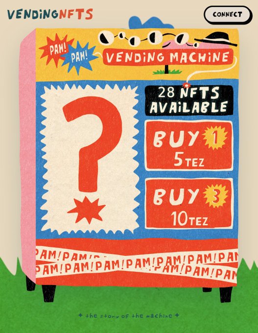 An illustrated graphic for "Vending NFTs" features a colorful vending machine displaying a large red question mark, with text stating "28 NFTs AVAILABLE" and pricing options to "BUY 1 5TEZ" or "BUY 3 10TEZ." The artwork visualizes the scarcity mentioned in the caption by showing the limited stock available for purchase.