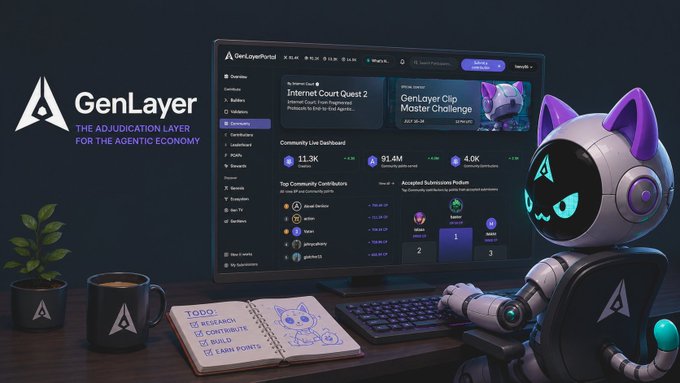 Promotional graphic for GenLayer, branded as 'THE ADJUDICATION LAYER FOR THE AGENTIC ECONOMY,' showing a robot character at a computer displaying the GenLayerPortal dashboard, with a 'TO DO' checklist including Research, Contribute, Build, and Earn Points.