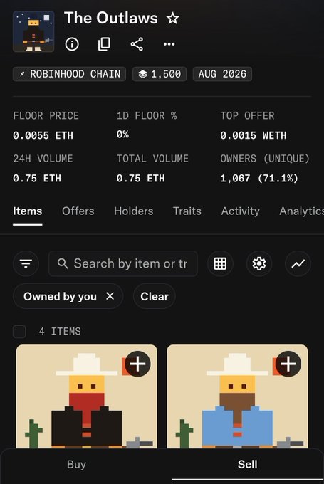 A Robinhood Chain NFT collection page for "The Outlaws" showing a floor price of 0.0055 ETH with 4 items owned by the user, featuring pixel-art cowboy avatars in various colored outfits. The image illustrates the poster's claim of having copy-minting bots automatically purchasing NFTs onchain for them, as evidenced by their growing portfolio within this collection.