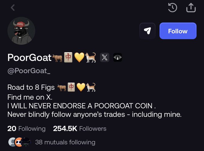 A Twitter/X profile for "PoorGoat" (@PoorGoat_) with 254.5K followers displays a bio reading "Road to 8 Figs 🐐🪶💛🐕, I WILL NEVER ENDORSE A POORGOAT COIN. Never blindly follow anyone's trades - including mine." The profile's ironic disclaimer not to trust trades, combined with its self-referential "PoorGoat" branding, aligns with the post's criticism of botted accounts shilling fabricated coins.
