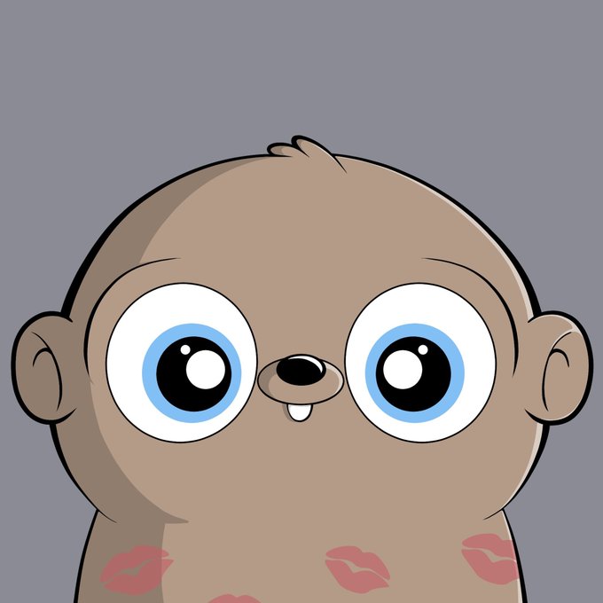 A cartoon illustration of a cute brown puppy or baby animal with large blue eyes, a small smile, and a single visible tooth, with pink kiss marks on its chest against a gray background.