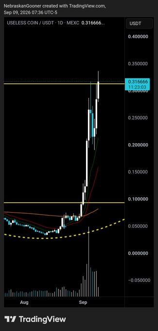 A TradingView daily chart of $USELESS/USDT on MEXC shows a sharp breakout from a brief consolidation around $0.05–$0.10, with the price spiking to test key resistance near $0.31666, supporting the post's claim of strong follow-through and a potential move to new ATHs if it holds above resistance.
