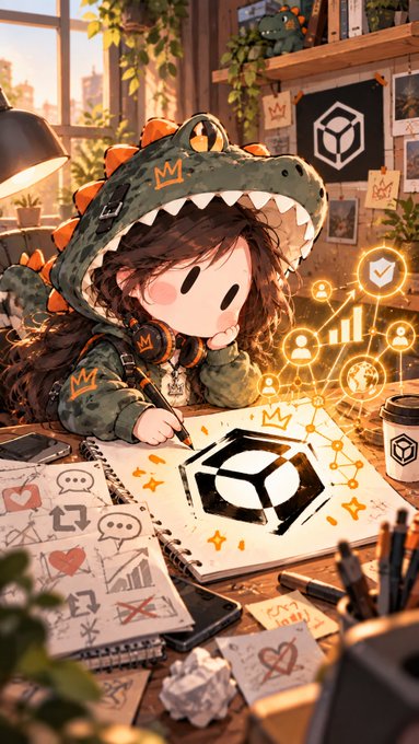A digital illustration of a cartoonish character in a green dinosaur hoodie drawing a black cube logo in a sketchbook, surrounded by floating holographic charts and icons.