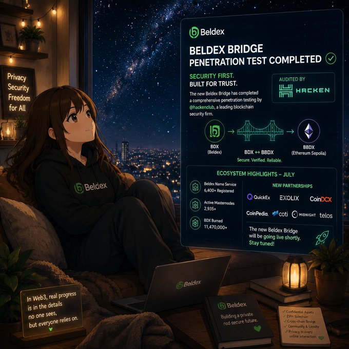 A promotional graphic for Beldex Bridge penetration test completion, audited by Hacken, featuring anime-style artwork, ecosystem highlights, and a checklist of Web3 privacy features.
