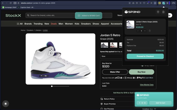 The image features a screenshot from a website called StackX showing a pair of white and purple shoes. The shoes are displayed prominently within the webpage layout as part of an ad for selling sneakers. On this page, there's also information about the website and how to make a purchase at Sp3nd. This information is provided by a user named @kenton_cooley who sent a message via social media asking @SP3NDdotshop if they could hold his beer while purchasing the shoes online. Additionally, @SP3NDdotshop suggests that an $SOL offer can be used to purchase these sneakers from their website.