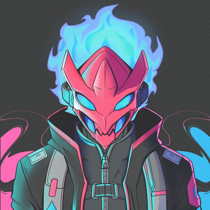 A masked character with pink armor, glowing blue eyes, and cyan flame-like hair stands against a dark background, accompanied by swirling pink and blue energy wisps. This appears to be the NFT artwork "SPARK," a 1/1 piece gifted to the recipient as described in the post.