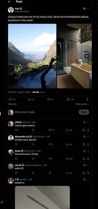 An X (formerly Twitter) post by user 'foke' (@cabinetfoke) showing hotel recommendations, captioned 'Unique hotels are one of my many vices. Send recommendations please, anywhere in the world', with replies mentioning India, Nairobi, Turkey, and ES.