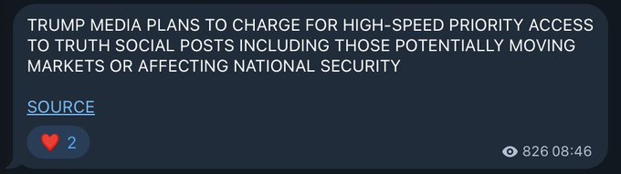 A dark news notification reads: 'TRUMP MEDIA PLANS TO CHARGE FOR HIGH-SPEED PRIORITY ACCESS TO TRUTH SOCIAL POSTS INCLUDING THOSE POTENTIALLY MOVING MARKETS OR AFFECTING NATIONAL SECURITY.'