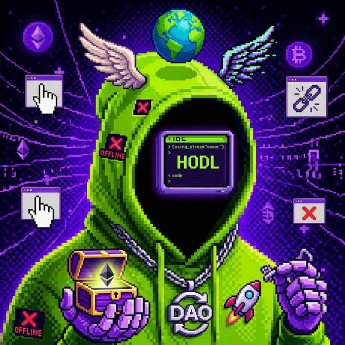 A pixel-art illustration of a green-hooded figure with a CRT monitor displaying 'HODL' as a face, surrounded by crypto symbols, an Ethereum logo, a 'DAO' chain, a rocket, and 'OFFLINE' warning signs.
