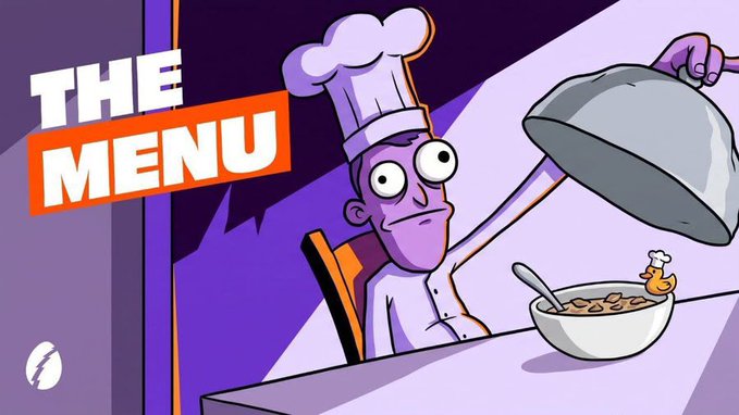 A cartoon-style illustration with bold text 'THE MENU' featuring a purple-skinned chef character with bulging eyes lifting a silver cloche to reveal a bowl of food with a chicken leg, set against a purple background with a lightning bolt logo.