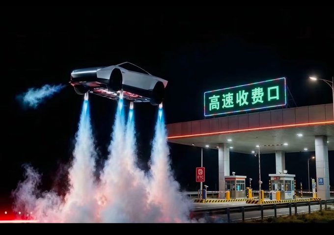 A futuristic silver car, resembling a Tesla Cybertruck, hovering and launching upward via rocket thrusters with flames and smoke, set against a night highway toll booth with a green neon sign reading '高速收费口' (Highway Toll Gate).