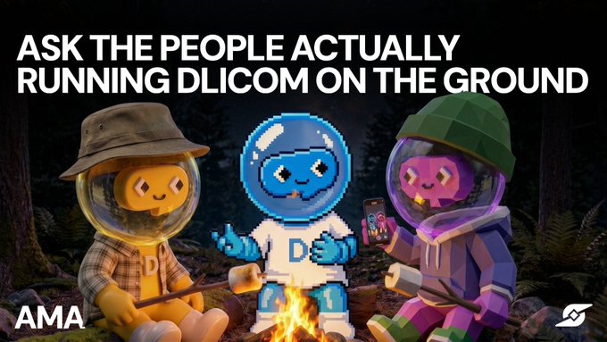 Three cartoon astronaut figures sit around a campfire, with the text "ASK THE PEOPLE ACTUALLY RUNNING DLICOM ON THE GROUND" and "AMA" displayed, promoting an upcoming Ask Me Anything session with Dlicom's Regional Leads.