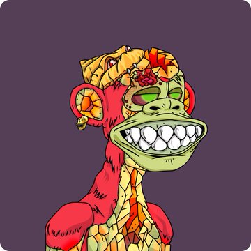 A digital illustration of a red-skinned monkey wearing a golden crown of pretzels and jewels, set against a dark gray background.